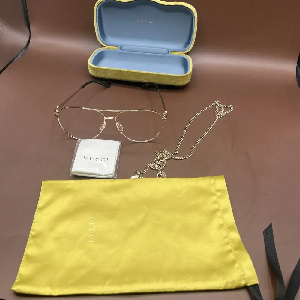 Gucci GG1088S 001 Sunglasses Frame For Parts Repair Gold Tone With Chain Case